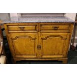 A GRANITE TOPPED SIDE BOARD / CABINET, with 2 drawers over 2 door cabinet, raised on bracket feet,