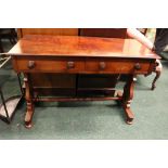 A RECTANGULAR MAHOGANY SOFA / HALL TABLE, with two frieze drawers, raised on a pair of shaped side