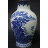 A JAPANESE BALUSTER SHAPED VASE, with blue & white colouring, having a large image of a wooded