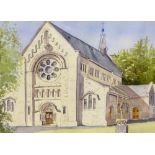 20TH CENTURY, “CHURCH VIEW”, watercolour over pencil on paper, unsigned, 22” x 18” approx