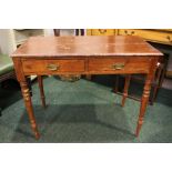 A TWO DRAWER COUNTRY STYLE SIDE / HALL TABLE, with 2 frieze drawers, raised on turned legs, with