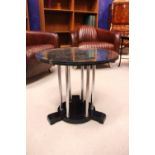 A MIRROR GLAZED LAMP/SIDE TABLE, with chrome tubular supports on a wooden tripod base, 21" x 19"