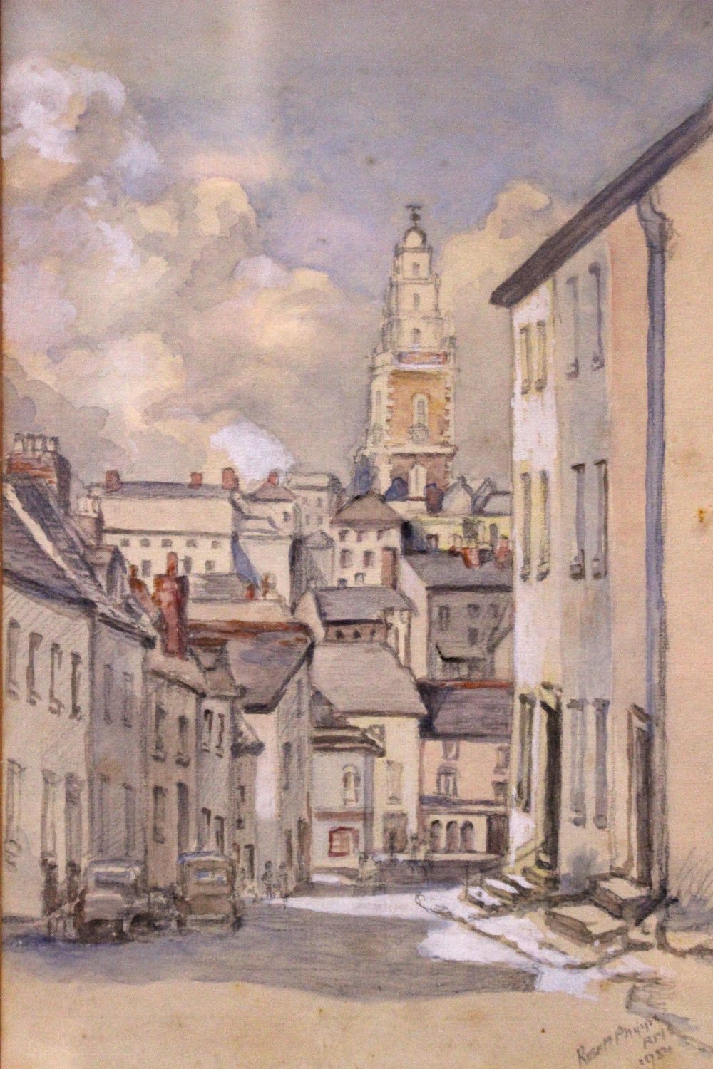 ROSE M. PHIPPS, "CORK CITY STREET, WITH SHANDON BELLS BEYOND", watercolour over pencil on paper, - Image 2 of 3