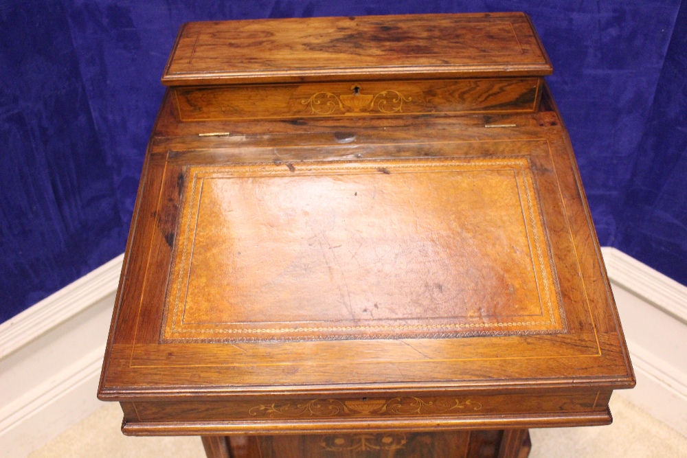 A VERY FINE ROSEWOOD INLAID DAVENPORT, with lift up leather topped writing slope, a raised back with - Image 2 of 5