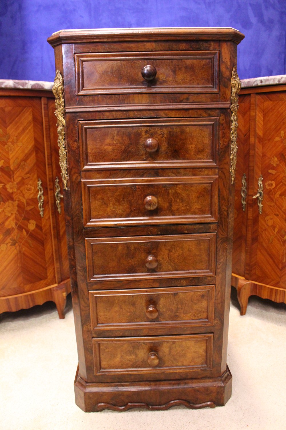 A MARBLE TOPPED CABINET, with canted corners, the front with ormolu mounts, 1 drawer over a drop - Image 2 of 7