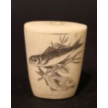 A BONE/IVORY SNUFF BOTTLE, a tapered shape, with ebonised etching of fish imagery on two sides, no