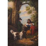 19TH CENTURY OIL ON CANVAS, "GROUP OF FIGURES IN A COUNTRY LANE, A MOTHER NURSING HER CHILD",
