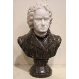 A MARBLE BUST OF BEETHOVEN, with white marble head and two tone marble base, 22" x 15" x 9" approx