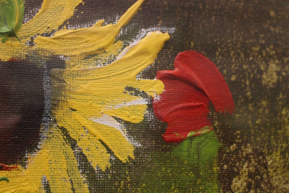 TOM BYRNE, "STILL LIFE FLOWERS", signed lower right, acrylic on canvas, Apollo stamp verso, 21" x - Image 4 of 4