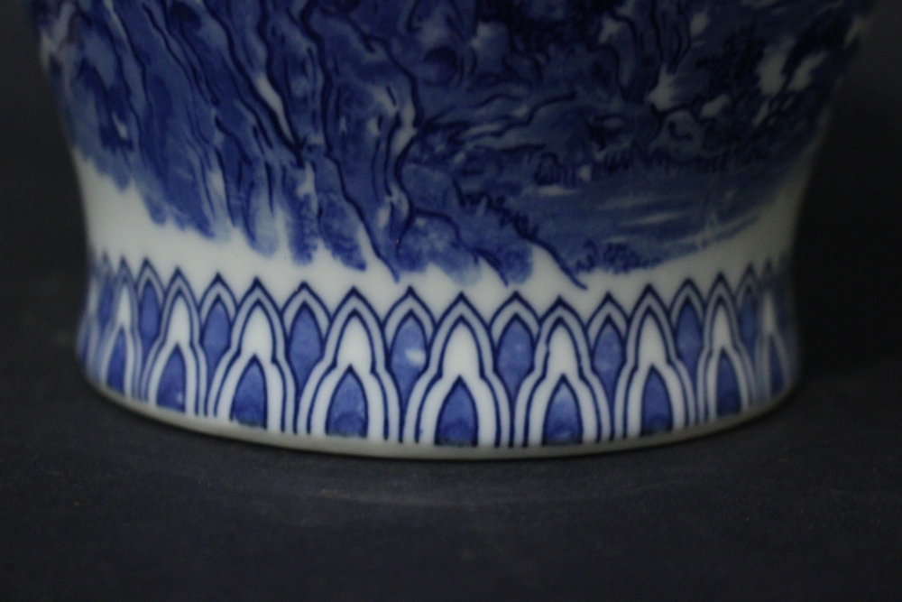 A JAPANESE BALUSTER SHAPED VASE, with blue & white colouring, having a large image of a wooded - Image 3 of 5
