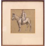 DERMOD O'BRIEN, P.R.H.A (1865 - 1945), "STUDY OF A MAN ON HORSE", pencil & whitening, on paper,