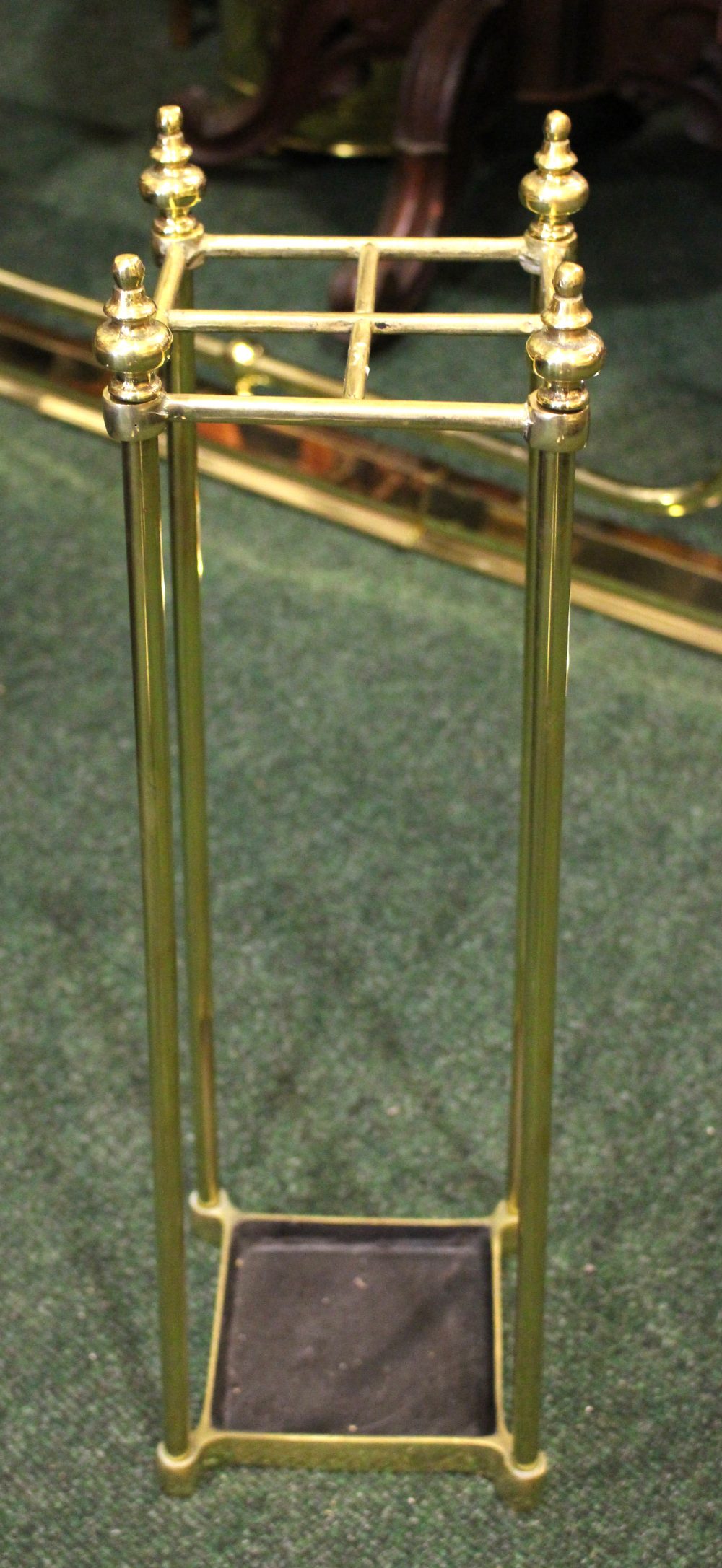 A BRASS UMBRELLA / STICK STAND, with tray, neatly sized, 34" x 6.5" x 6.5" approx