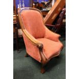 A FINE ARMCHAIR, with curved back, having scroll tipped arm rests, on shaped reeded legs, 37" x