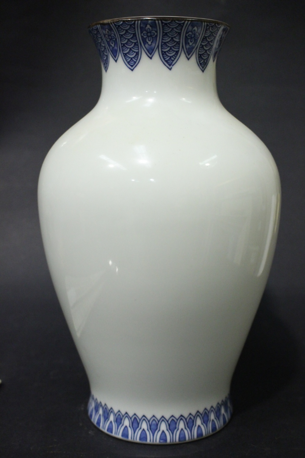 A JAPANESE BALUSTER SHAPED VASE, with blue & white colouring, having a large image of a wooded - Image 2 of 5