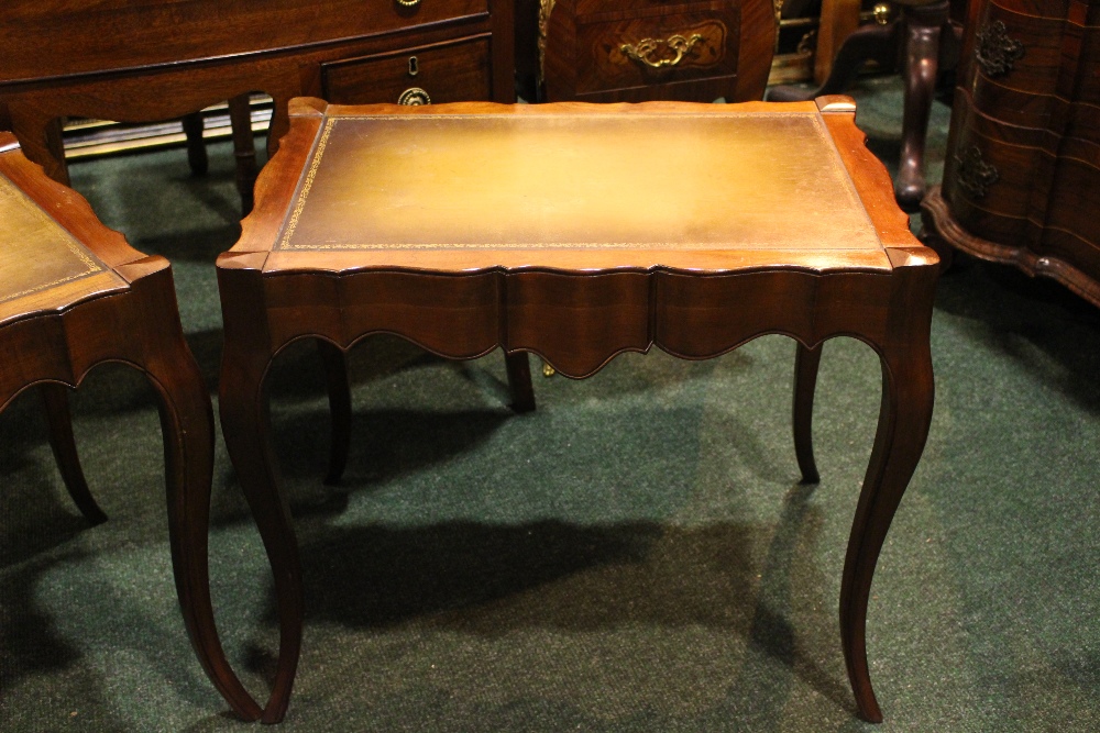 A PAIR OF SERPENTINE SHAPED LEATHER TOPPED TABLES, raised on cabriole shaped legs 26" x 19" x 22" - Image 3 of 4