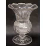 AN IRISH 19TH CENTURY GLASS TULIP BOWL, with scalloped rim and broad fluted body, on a circular star