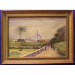 20TH CENTURY, "THE VATICAN GARDENS, ST. PETERS BEYOND", oil on canvas board, unsigned, 18" x 12"