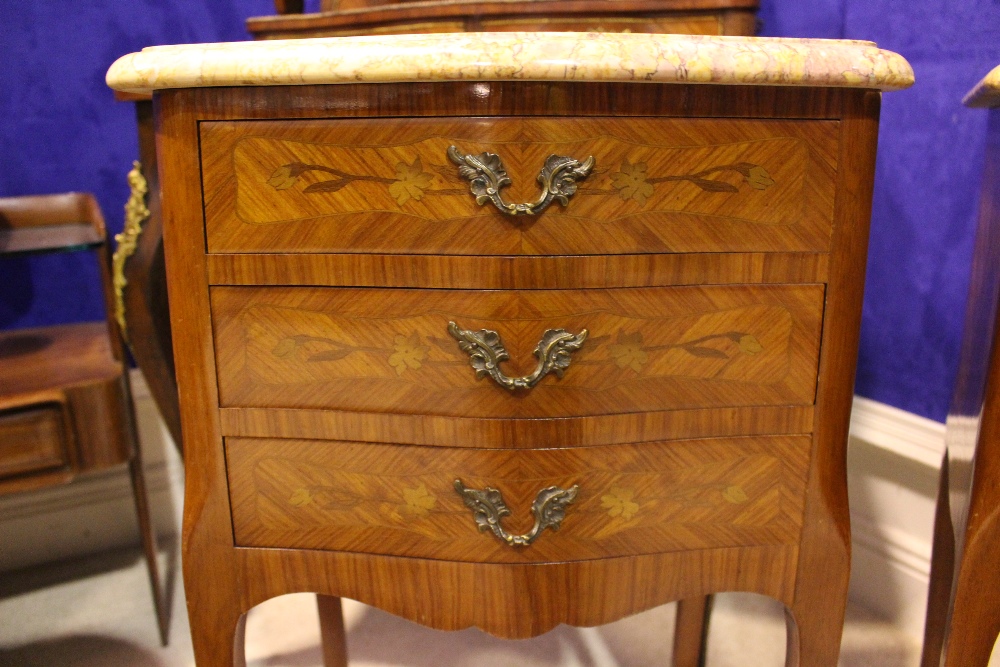 A PAIR OF MARBLE TOPPED CABINETS, three drawers, with crossbanded drawers & brass handles and toe - Image 4 of 4