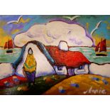 ANNIE ROBINSON, “WALKING HOME, A FIGURE BY A THATCHED COTTAGE”, acrylic on canvas, signed lower
