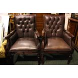 A PAIR OF LARGE BUTTON BACKED ARMCHAIRS, with reeded and carved frame, having acanthus leaf and