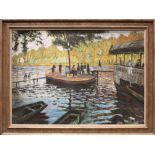 CLAUDE C. "LAKE SCENE, WITH A BOAT & FIGURES", oil on canvas, signed lower right, 34" x 24" approx