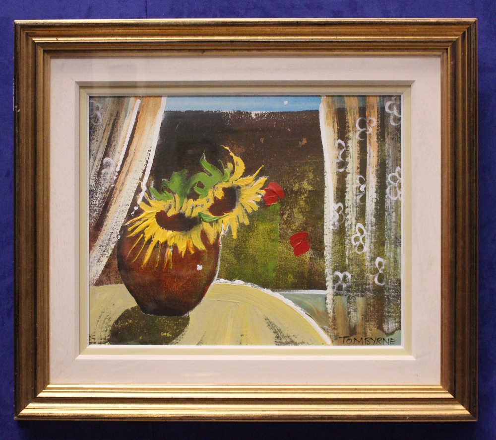 TOM BYRNE, "STILL LIFE FLOWERS", signed lower right, acrylic on canvas, Apollo stamp verso, 21" x