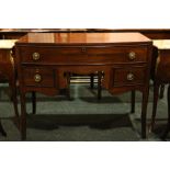 A LATE 19TH CENTURY MAHOGANY BOW FRONTED 3 DRAWER SIDE TABLE, on down swept feet, 19" x 36" x 29"