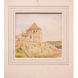 WR, "A VIEW OF A BUILDING BY A HARBOUR", watercolour over pencil on paper, signed with initials
