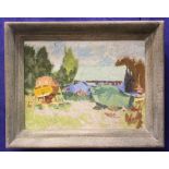 20TH CENTURY, AMERICAN SCHOOL,"THE BOAT YARD", oil on canvas board, unsigned, label verso