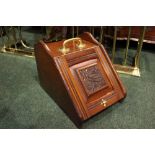 A MAHOGANY & BRASS LIFT TOP COAL / LOG BOX, with carved details