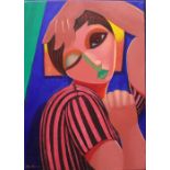 PAUL KERR, "GIRL WITH STRIPED TEE-SHIRT", acrylic on canvas, signed & dated lower left & verso,