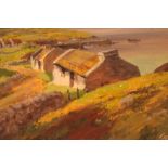 GRETTA O'BRIEN, "COASTAL LANDSCAPE WITH COTTAGES & FIGURES", oil on canvas, signed lower right,