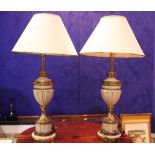 A PAIR OF BRASS & PAINTED METAL TABLE LAMPS, with urn shape to the body