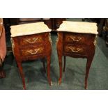 A FINE PAIR OF TWO DRAWER MARBLE TOPPED LOCKERS / CABINETS, with crossbanded marquetry inlaid