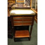 A FINE FRENCH MARBLE TOPPED CABINET, with 3/4 raised brass gallery and marble top, 3 drawers, each