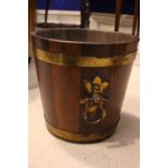A BRASS BOUND LOG BUCKET, tapered body, two tone wood, 12.5" x 13" approx