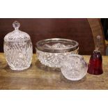 A MIXED GLASS LOT, includes; (i) A silver rimed centre bowl, maker's mark HF & Co, date letter '