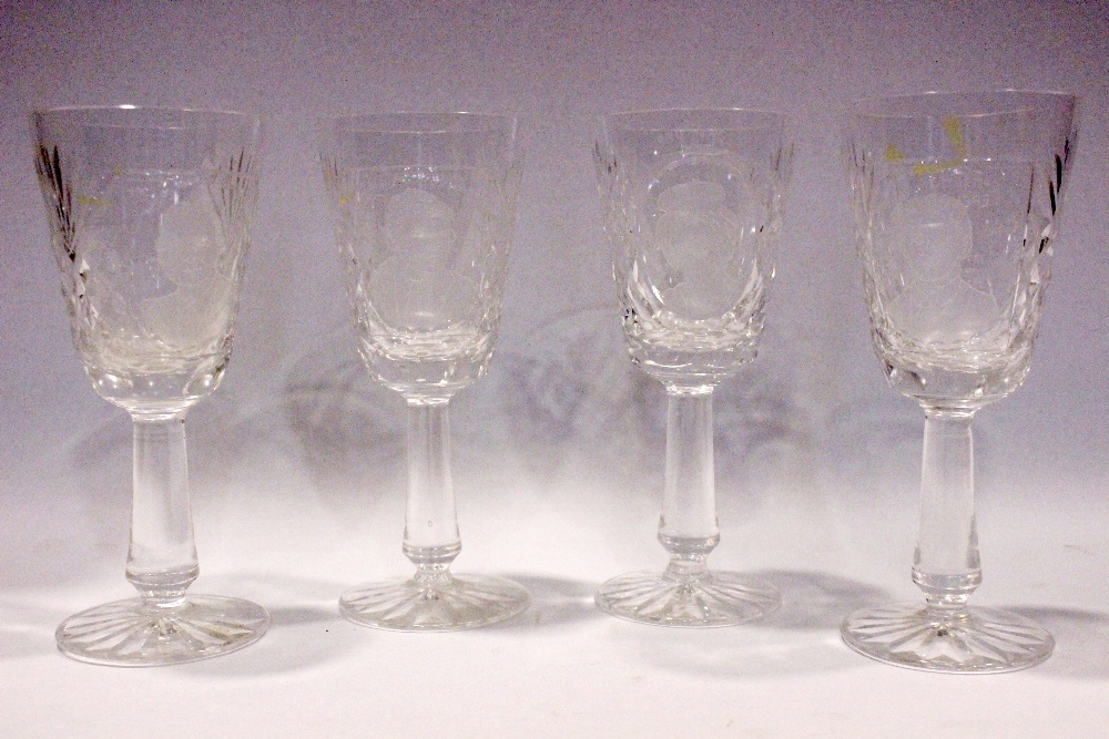 A SET OF 4 COMMEMORATIVE WINE GLASSES, depicting the faces of famous Irish people, includes, (i)