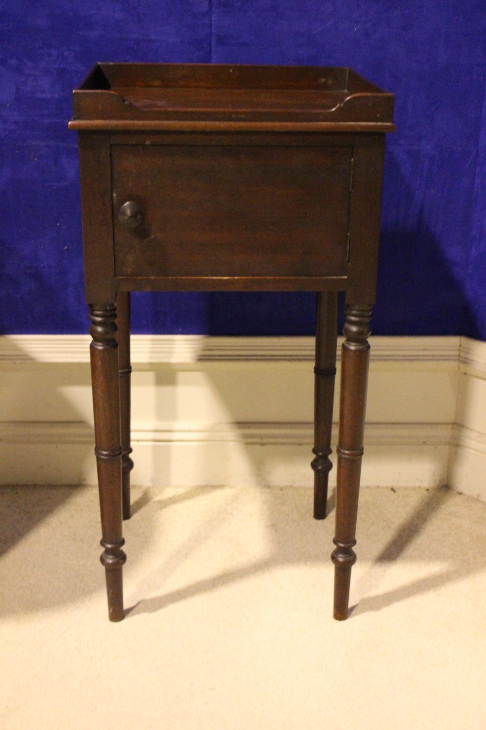 A GEORGIAN MAHOGANY CABINET, with a single door, raised on turned legs, with a raised gallery