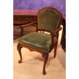 A VERY FINE SHIELD BACK OPEN ARMCHAIR, with carved detail to the armrests and cabriole leg, good