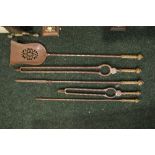 A SET OF FIRE IRONS, (5 piece) includes, shovel with pierced bowl, two tongs, two pokers, each
