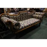 A VICTORIAN MAHOGANY 3 SEAT COUCH, with scroll end, raised on a turned leg with castors, 89" x 27" x