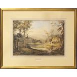 JOHN HENRY CAMPBELL (1757-1828), "FIGURES BY A RIVER, A FARMSTEAD BEYOND", watercolour on paper, 25"