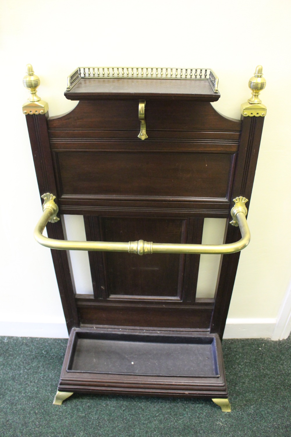 A MAHOGANY AND BRASS HALL STAND, in the manner of Shoolbred & Co, 39" x 22" x 10" approx