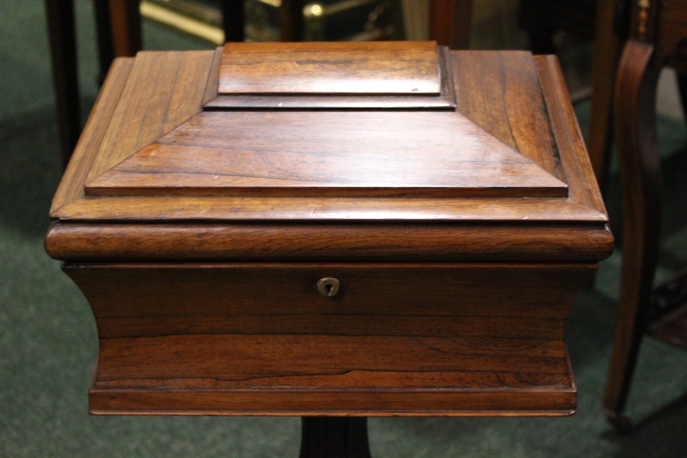 A ROSEWOOD WORK BOX, with concave body, graduated tapered lid, raised on fluted baluster shaped - Image 2 of 5