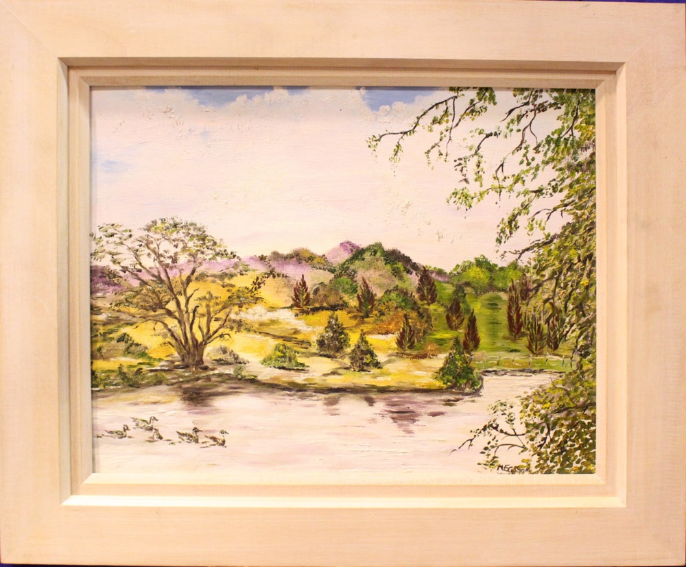 MARY E. CANNON, "QUARTER LANDS", oil on board, signed lower right, artist's label verso, dated 2001,