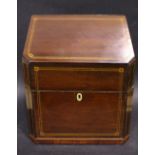 A MAHOGANY & SATINWOOD INLAID KNIFE BOX, with silver pated handles to either side, the front corners