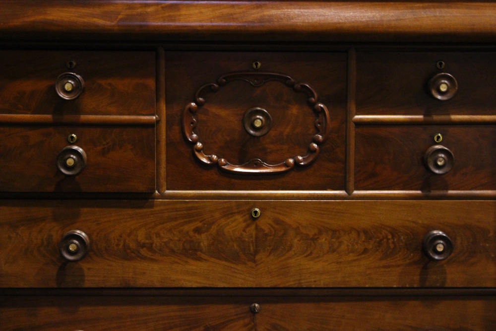 A LATE 19TH CENTURY TALL CHEST OF DRAWERS, with a long frieze drawer over 2 hat and 2 small drawers, - Image 2 of 2