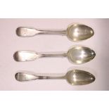 3 ENGLISH SILVER TEA SPOONS, all with ‘fiddle & thread’ designs, (i) with an eagle crest, London,