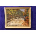 20TH CENTURY, IRISH SCHOOL, "AUTUMN WATERFALL", oil on canvas board, unsigned, 28" x 22" approx